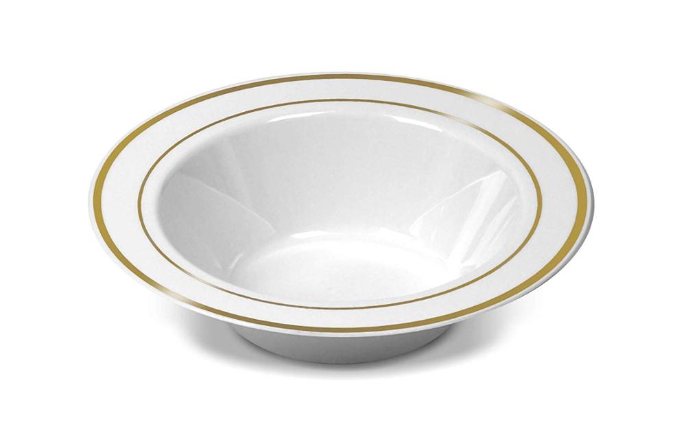 25pcs Disposable Plastic Bowls-12 oz Soup Bowls - Gold Trim Real China Design - Premium Heavy Duty Plastic Plates for Wedding