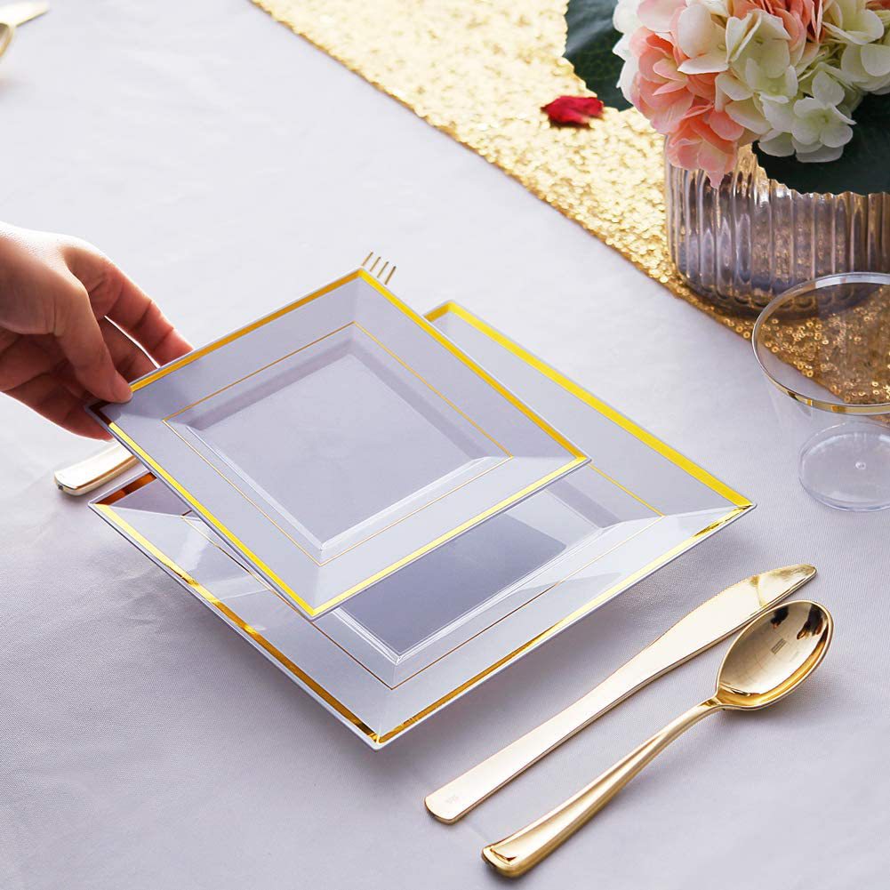 Premium Disposable Plastic Plates, Heavyweight Gold Rim Dinner Plastic Plates Salad/Dessert Plates for Wedding,Party