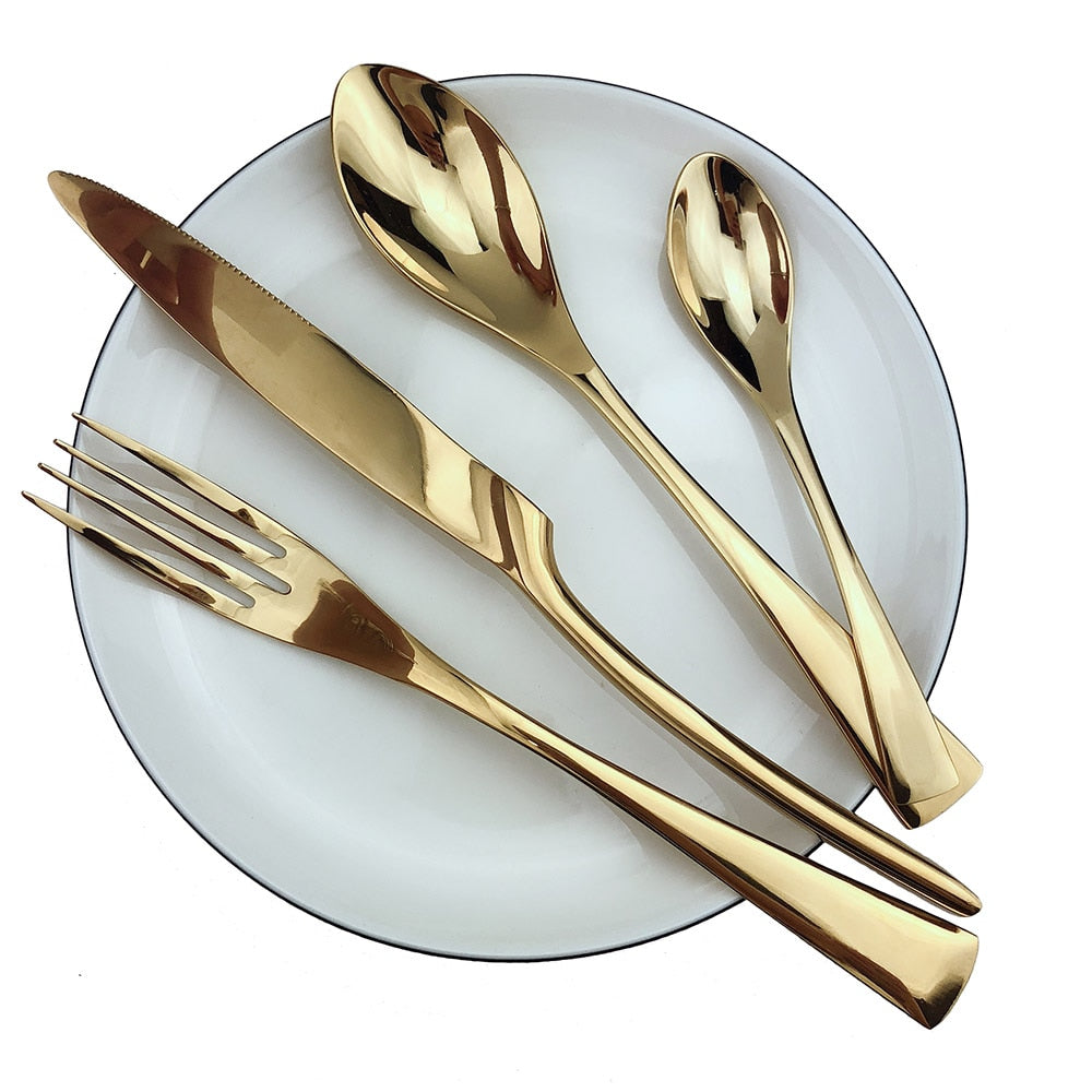 Set of 4 Luxury Shiny Mirror Champagne Knife Fork Spoon Cutlery Dinnerware Set 304 Stainless Steel Flatware Silverware Sets