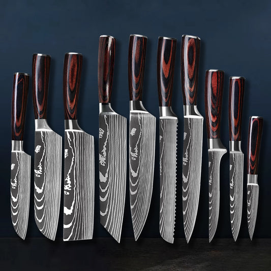 Chef's Knife 7CR17MOV Stainless Steel Kitchen Knives Damascus Laser Utility Japanese Cleaver Bread Santoku Knife 1-10PCS Set