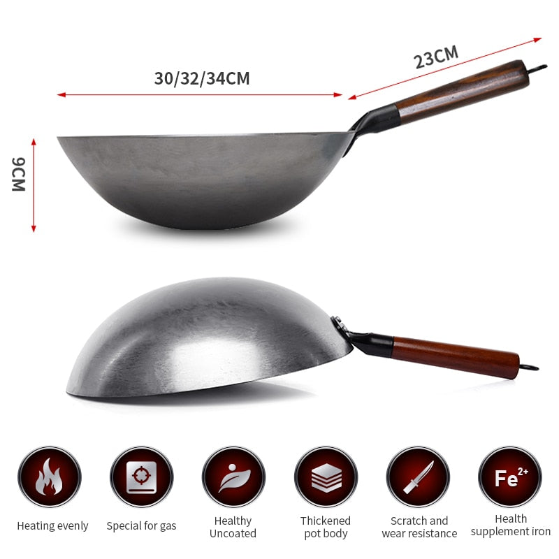 Traditional iron wok,Non-coating Woks Hand forged  For Kitchen PanWooden Handle Wok Kitchen Gas Pot Cookware